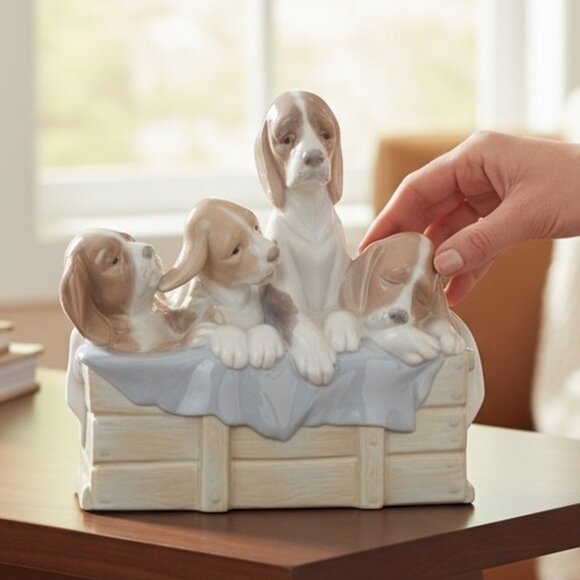 Lladro Dogs in Basket Porcelain Figurine - Picture 1 of 7